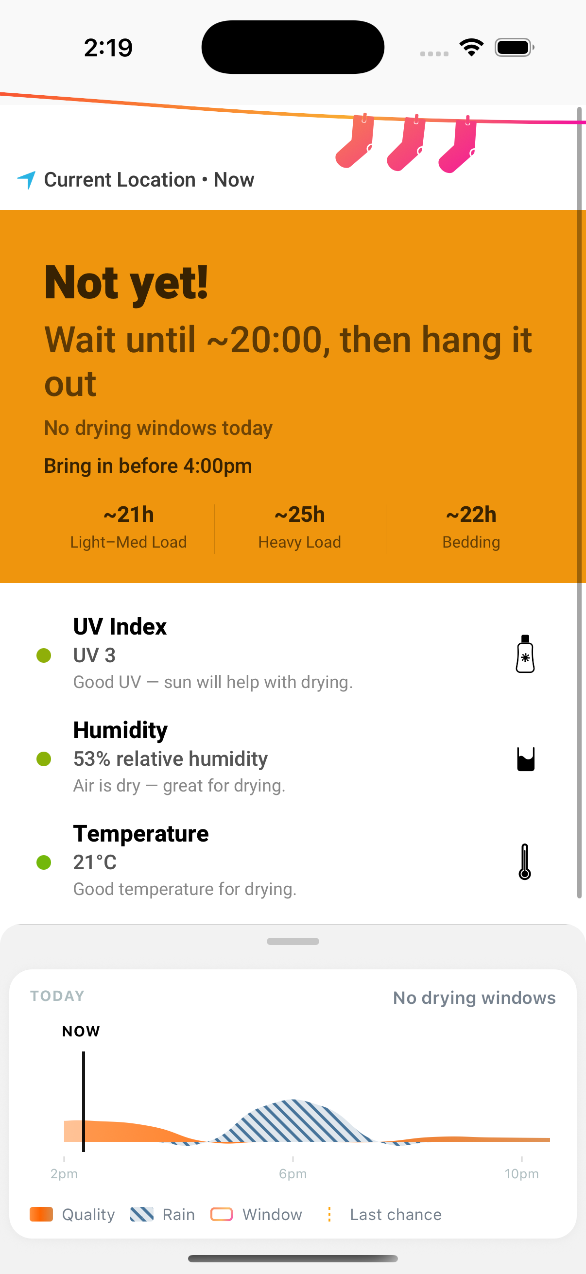 Well Hung verdict screen showing 'Not yet! Wait until 8pm, then hang it out', with UV, humidity and temperature conditions and estimated drying times per load type.